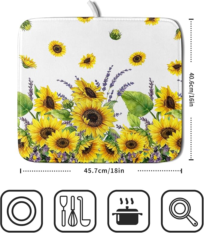 Sunflower Dish Drying Mat for Kitchen Counter 18x16 Inch Floral Lavender Drying Mat with Absorbent Reversible Microfiber Season Spring Summer Dish Drainer Mats Rack Pad for Coffee Countertop Protector