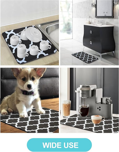Dish Drying Mat for Kitchen Counter, 12"x19" Dish Drying Pad with Non-slip Rubber Backed, Hide Stain Anti Absorbent for Kitchen Counter, Drying Mat for Coffee Machine Dish Rack (Gray Trellis)