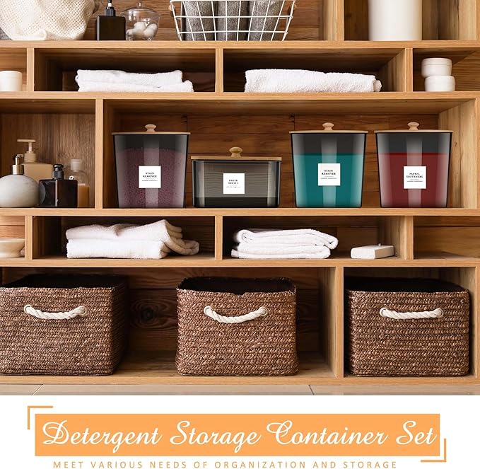 Threehoney 3+1 Pack Laundry Pods Container & Dryer Sheet Holder with Lids, Scoops & Labels - Plastic Laundry Storage Jars for Powder, Pods, Detergent, Room Organization