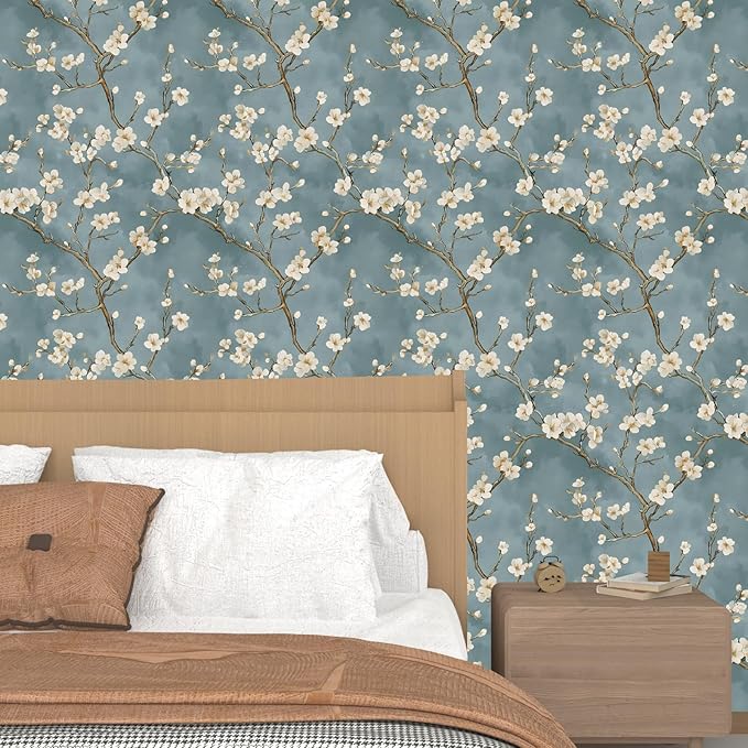 Vintage Floral Wallpaper Peel and Stick Blue White Flowers Contact Paper Vinyl Self Adhesive Removable Retro Cherry Blossom Wall Mural Wall Paper for Room Walls Shelve Cabinet Table Decor 17.5" x 393"