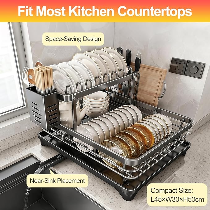 2-Tier Stainless Steel Dish Drying Rack with Drainboard - Utensil & Cutting Board Holder, Kitchen Counter Organizer Dish Drainer for Plates Bowls Cups Silverware, Space-Saving Functional, Matte Black