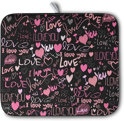 Mother's Day Dish Drying Mat for Kitchen Counter Love Heart Black Drying Mats Absorbent Reversible Microfiber Dish Pad Washable Dish Draining Mat Extra Large 16x18 inch