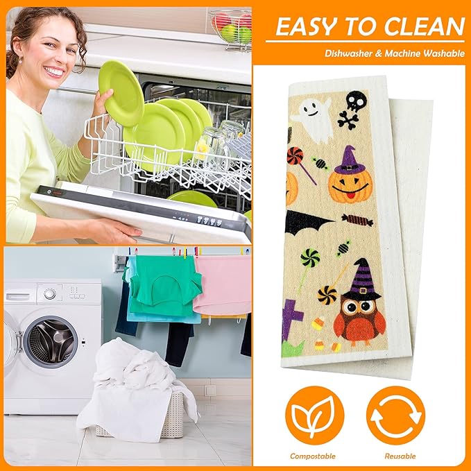 Honeydak 6 Pcs Halloween Swedish Dish Towels Ghost Pumpkin Swedish Kitchen Towels Washable Reusable Halloween Dish Cloths Witch Absorbent Fast Drying Cleaning Cloth for Home Party Decor