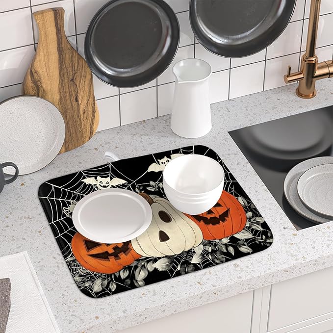 Halloween Pumpkin Dish Drying Mat for Kitchen Counter 16x18 Cream Bat Spiderweb Holiday Scary Theme Absorbent Reversible Microfiber Drying Mats Kitchen Countertop Protector Dishes Drainer Pad