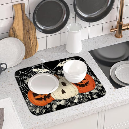 Halloween Pumpkin Dish Drying Mat for Kitchen Counter 16x18 Cream Bat Spiderweb Holiday Scary Theme Absorbent Reversible Microfiber Drying Mats Kitchen Countertop Protector Dishes Drainer Pad