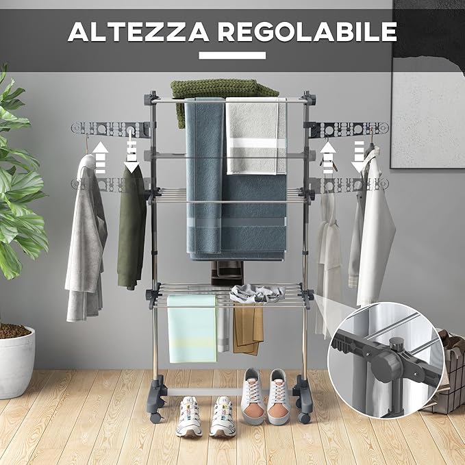 HOMCOM Folding Clothes Airer in Stainless Steel and Plastic, Space-Saving Vertical Drying Rack with 6 Wheels, Hooks and 3 Adjustable Shelves for Indoors, 142 x 55 x 152 cm, Silver Grey