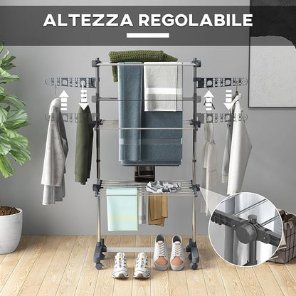 HOMCOM Folding Clothes Airer in Stainless Steel and Plastic, Space-Saving Vertical Drying Rack with 6 Wheels, Hooks and 3 Adjustable Shelves for Indoors, 142 x 55 x 152 cm, Silver Grey