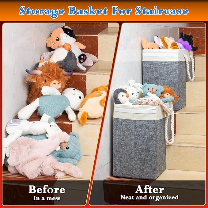 2 PACK | Stair Basket Organizer with Top Lid for Carpeted Stairs & Wooden Staircases. Versatile Sturdy Linen Storage Bag for Climbing, Laundry & Shoe