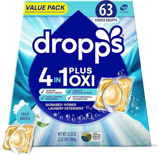 Dropps 4-in-1 Plus Oxi Laundry Detergent Pods, Crisp Breeze (63 Count) - Laundry Pods | Advanced Odor Defense | Fights Stains | Whitens & Brightens | Clean Ingredients | Plastic Free Packaging