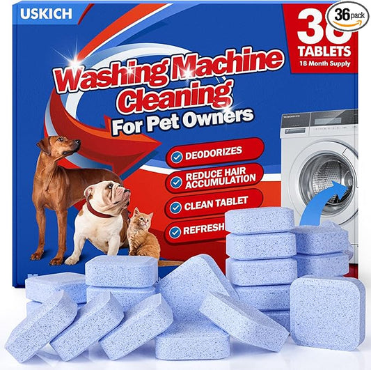 USKICH 36 Pack Washing Machine Cleaner Tablets For Pet Owners,Washer Machine Cleaner Remove Stubborn Pet Hair, Eliminates Smells,Compatible with HE, Top & Front Load Washer