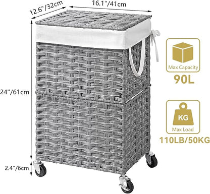Chrislley 90L Slim Laundry Hamper with Wheels, Rolling Laundry Basket with Lid and Renovable Liner Bag, Handwoven Rattan Organizer for bedroom, bathroom, laundry room (Grey)