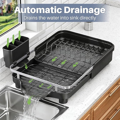 Kmiectse Dish Drying Rack – Expandable Dish Rack for Kitchen Counter, Stainless Steel Dish Drainer with Utensil Holder, Black