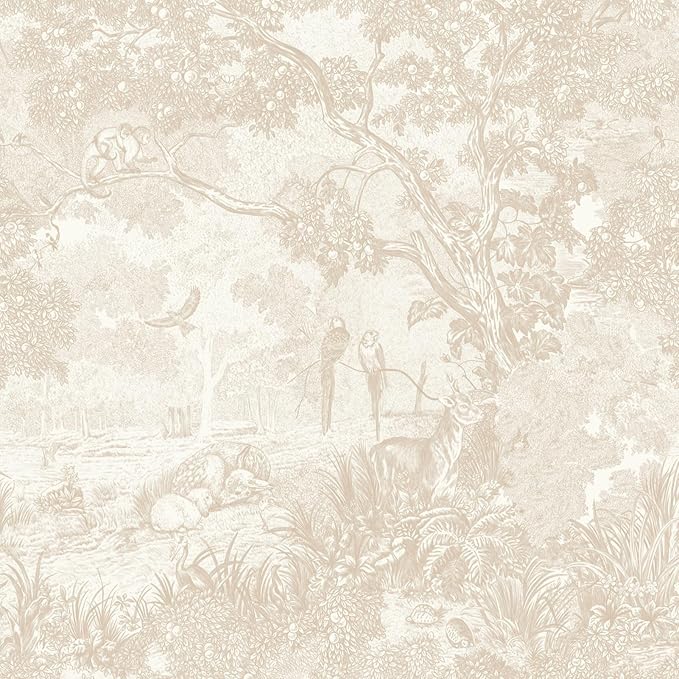 Ismoon Vintage Wallpaper Peel and Stick Beige Neutral Wallpaper 17.3in x6.56ft Forest Animals Contact Paper for Bedroom Thicken Waterproof Self-Adhesive Wall Paper Removable Renter Friendly Vinyl