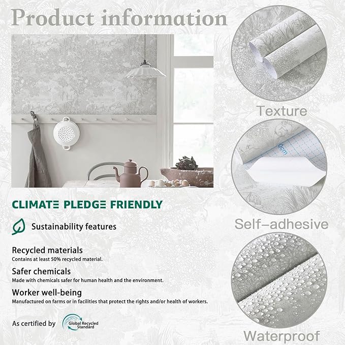 Heroad Peel and Stick Wallpaper Grey and White Vintage Forest Animals Floral Wallpaper Removable Self-Adhesive Contact Paper for Bedroom Living Room Cabinets Decoration Thicken Vinyl 17.3''x78.7''