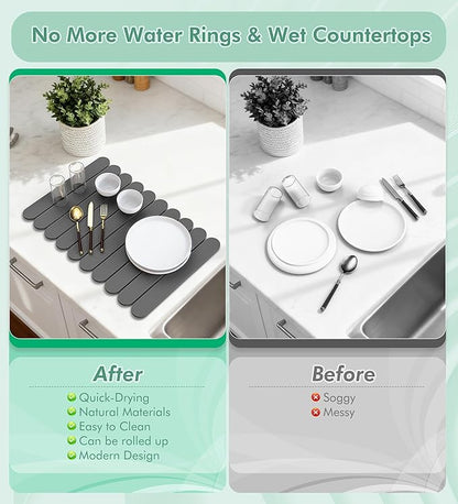Large Stone Dish Drying Mat for Kitchen Counter, Quick Dry Diatomaceous Earth Stone Mat, Roll-Up Dish Mat for Dishes Bottles Cups, Super Absorbent & Non-Slip, 24"×16",Grey