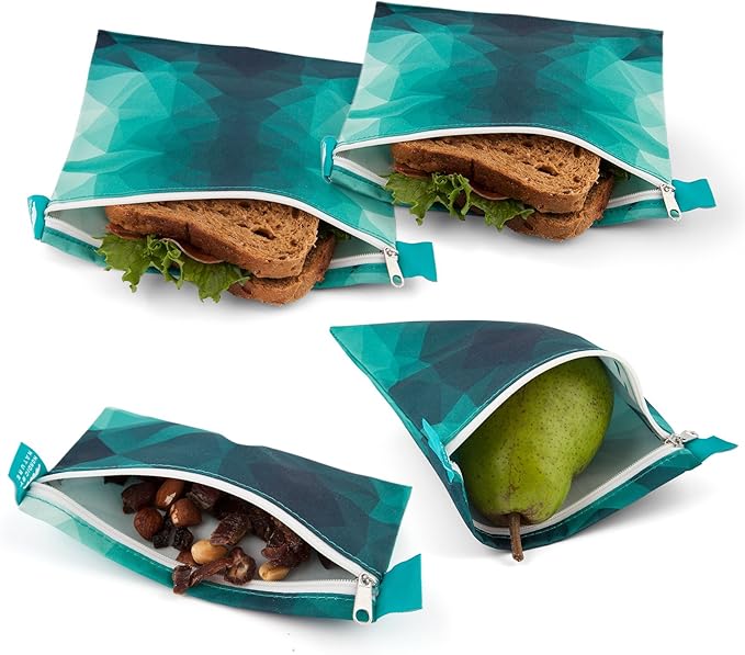 Nordic By Nature 4 Pack - Reusable Sandwich Bags Dishwasher Safe BPA Free - Durable Washable Quick Dry Cloth Baggies -Reusable Snack Bags School Lunches - Easy Open Zipper - (Turquoise)