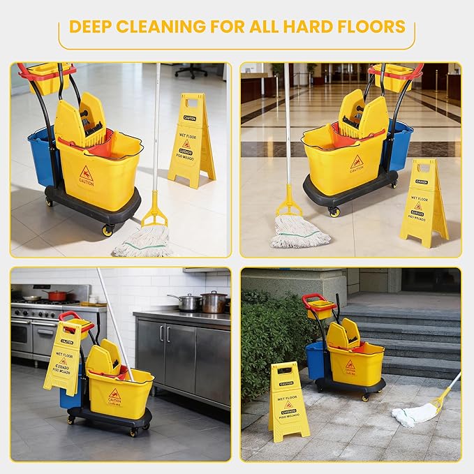 Commercial Cleaning Cart On Wheels, Floor Cleaning Rectangular Mop Bucket with Sturdy Down Press Wringer Combo, 38-Quart, Yellow,ADD One Heavy Duty Mop and Wet Floor Caution Sign（24Inch）