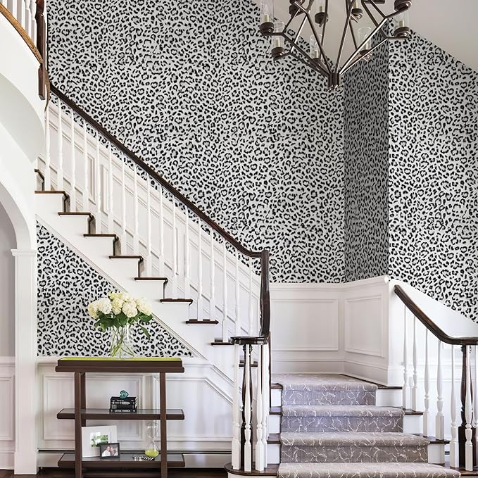 Leopard Print Peel and Stick Wallpaper, Waterproof Removable Self Adhesive Textured Wall Paper, Black and White Unique Funky Cheetah Contact Paper for Bedroom and Bathroom 480"X17.3"(57.6 sq. ft)