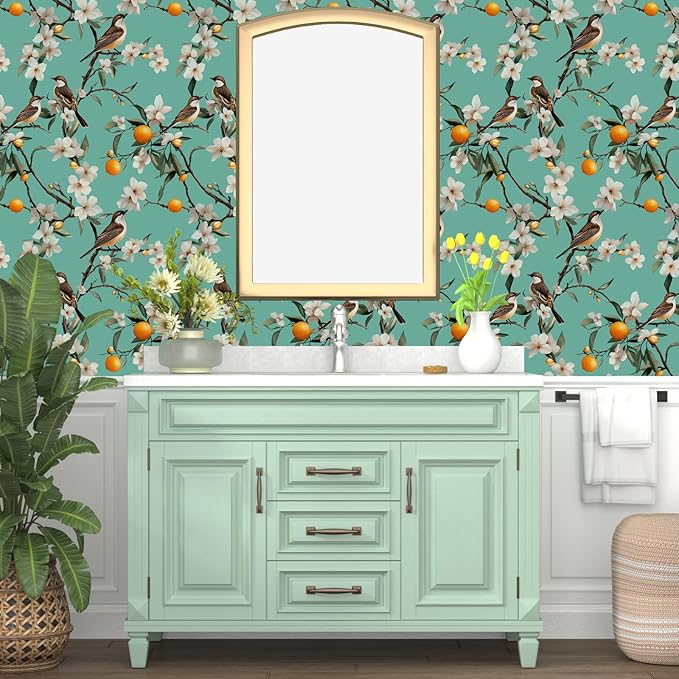 Teal White Bird Floral Wallpaper Peel and Stick, Fresh Orange Tree Contact Paper, Self Adhesive Removable Retro Flower Wall Mural Wall Paper for Room Walls Shelves Cabinet Table Decor 17.5" x 118"