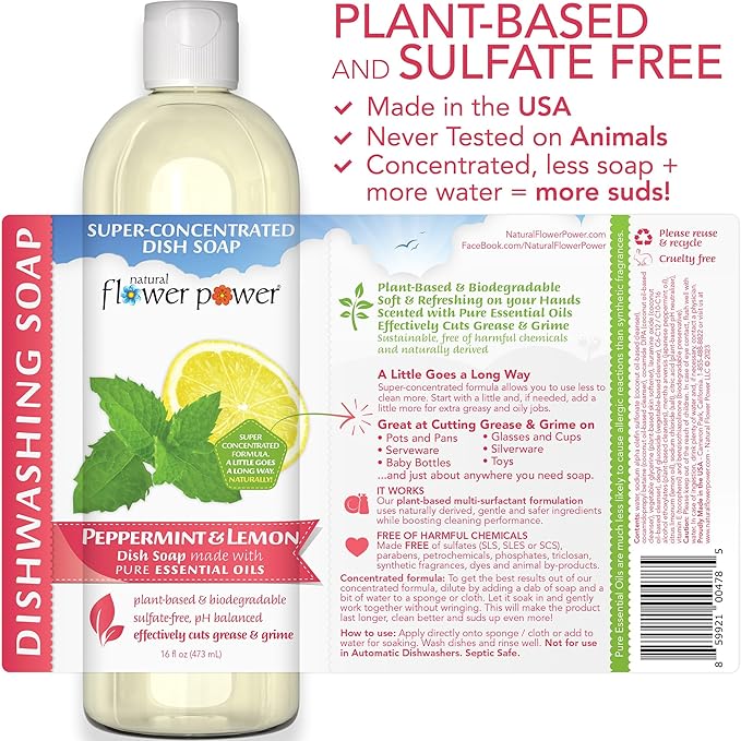 Natural Flower Power - Plant-Derived Dish Soap - Sulfate-Free, Bio-Based, pH-Balanced, Vegan Cleaning Supplies - Peppermint & Lemon - 3 x 16 oz