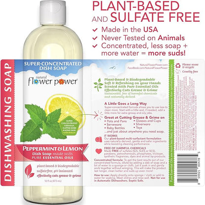 Natural Flower Power - Plant-Derived Dish Soap - Sulfate-Free, Bio-Based, pH-Balanced, Vegan Cleaning Supplies - Peppermint & Lemon - 3 x 16 oz