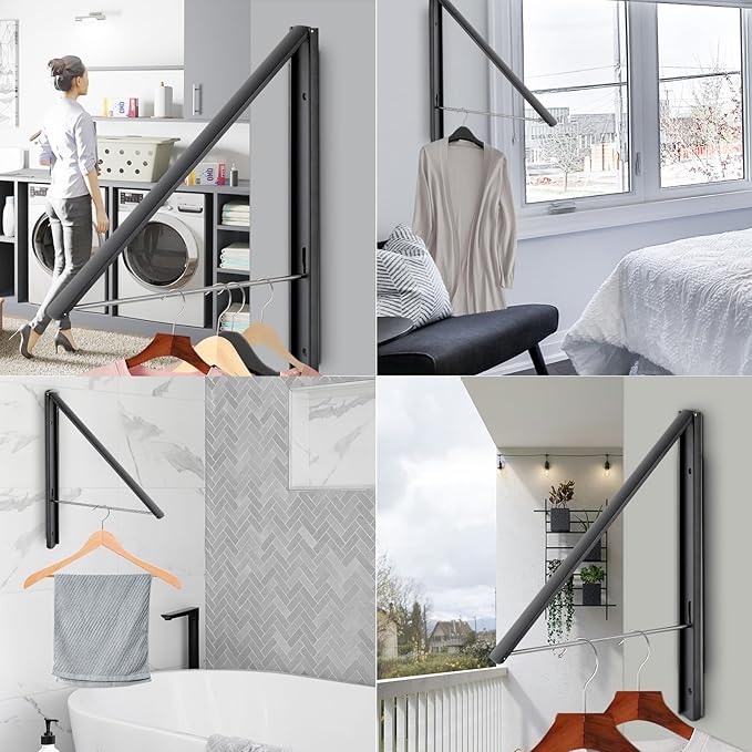 Retractable Clothes Drying Rack Wall Mounted, Foldable Space-Saving Hanger for Laundry Room/Bathroom/RV - Stainless Steel/Aluminum (Black)