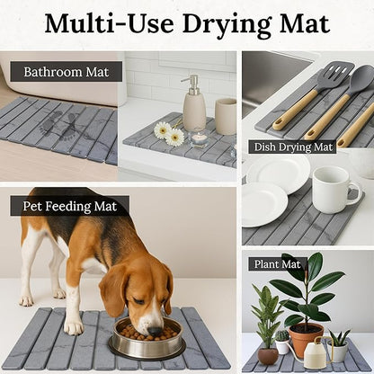 Large Stone Dish Drying Mat for Kitchen Counter 23.5”x 15.25” – Elegant Marbled-Inspired Surface Quick-Dry Absorbent Diatomaceous Earth - Multi-Use & Kitchen Mat for Dishes & Bottle Cups (Dark Gray)
