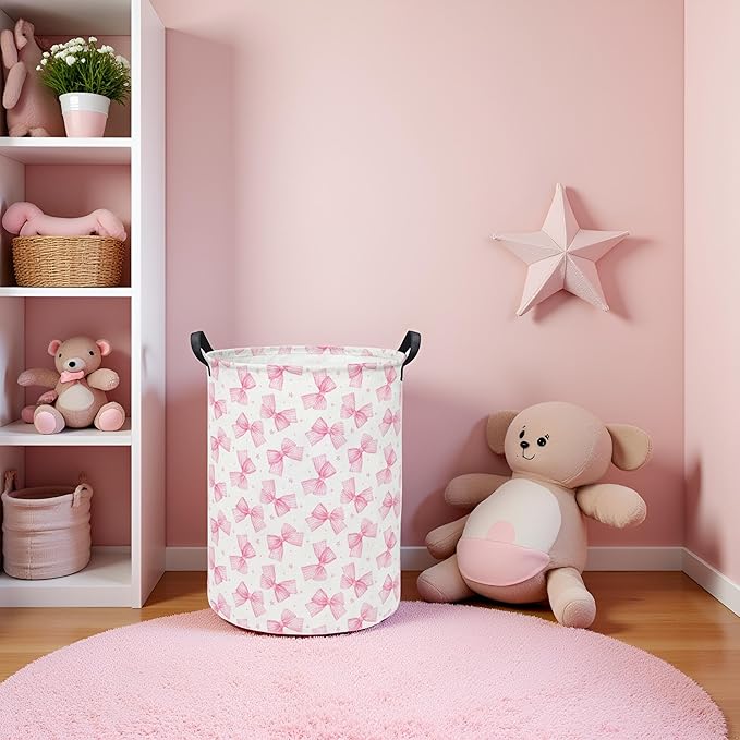 Baby Laundry Hamper kids laundry Basket Waterproof Storage Bin for Bedroom Toy Clothes Organizer Basket Woodland Animals Room Décor(Pink Bowknot)
