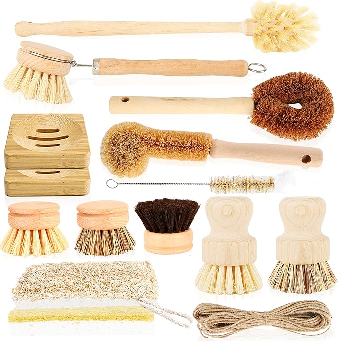 15 Pcs Bamboo Dish Brush Set with 65 Ft Hemp Rope Wooden Palm Pot Brush Sisal Bristles Natural Cup Scrubber Loofah Sponge Draining Tray for Pans, Bottle, Sink Kitchen Cleaning