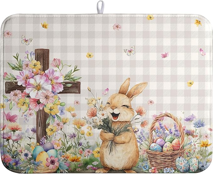 Easter Bunny Dish Drying Mats Spring Floral Dish Mat Easter Cross Eggs Drying Matt Dishes Dryer Pad for Kitchen Counter Absorbent Microfiber Washable Foldable Reusable 18x24 in