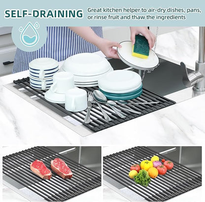 Ohuhu Over The Sink Dish Drying Rack, 20.5" W x 13.1" L Rolling Dish Drainer Foldable Sink Accessories Heat-Resistant Mat Anti-Slip Silicone Coated Dish Racks for Kitchen Counter