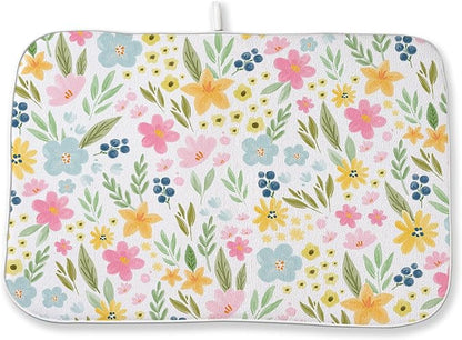 Spring Yellow Pink Blue Floral Dish Drying Mats 18x24 Inch Watercolor Flower Spring Drying Mats Seasonal Absorbent Drying Dish Pad Rack Drainer Mats for Kitchen Dining Room Counter Decorations