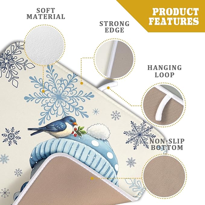 Winter Snowman Dish Drying Mat for Kitchen Counter 16x18 Blue Snowflake Bird Christmas Holiday Absorbent Reversible Microfiber Drying Mats Kitchen Countertop Protector Dishes Drainer Rack Pad
