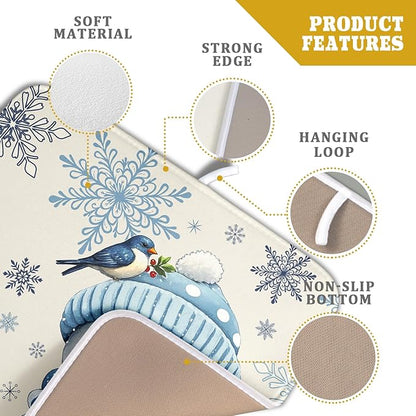 Winter Snowman Dish Drying Mat for Kitchen Counter 16x18 Blue Snowflake Bird Christmas Holiday Absorbent Reversible Microfiber Drying Mats Kitchen Countertop Protector Dishes Drainer Rack Pad
