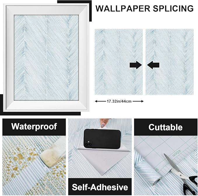 Modern Peel and Stick Wallpaper A Set of 17.3"x200" Grey Blue Herringbone Striped Wall Paper Boho Self-Adhesive Removable Contact Paper for Cabinets Bathroom Bedroom Wall Decor