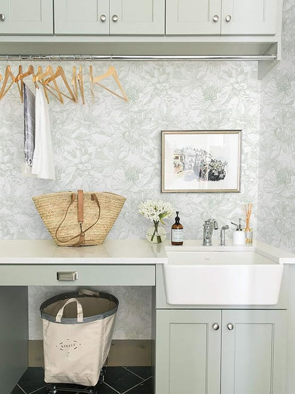Ismoon Large Floral Peel and Stick Wallpaper Boho White and Green Contact Paper 17.3inx16.3ft Modern Wall Paper Removable Self Adhesive Vinyl Wallpaper for Bedroom Cabinet Bathroom Mural Wall Decor