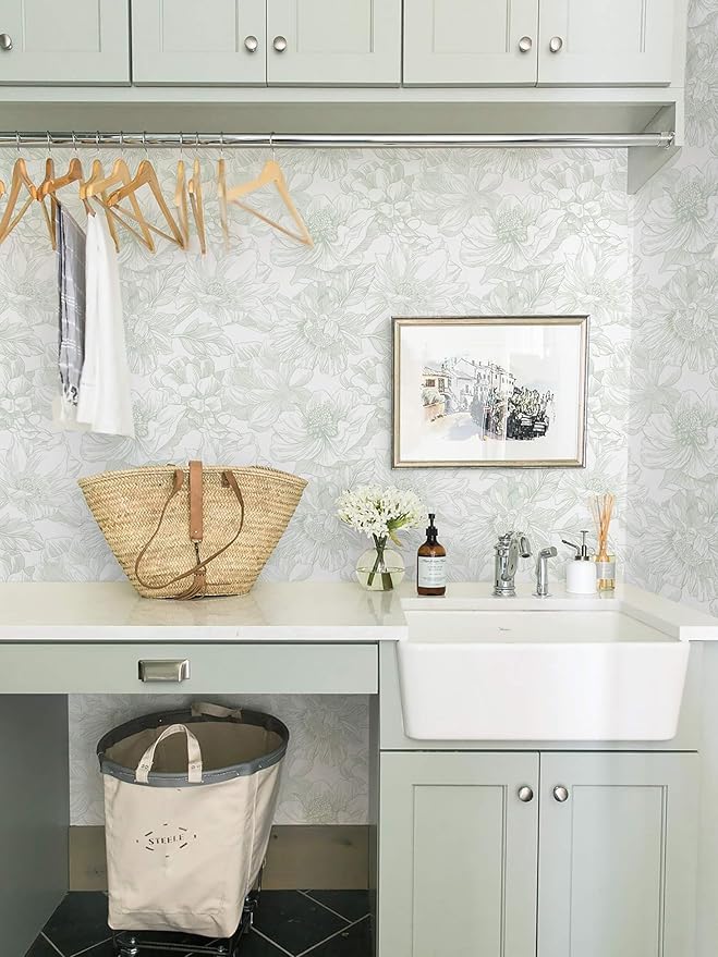 Ismoon Large Floral Peel and Stick Wallpaper Boho White and Green Contact Paper 17.3inx6.5ft Modern Wall Paper Removable Self Adhesive Vinyl Wallpaper for Bedroom Cabinet Bathroom Mural Wall Decor