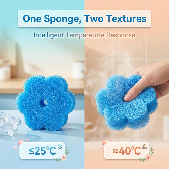 Scrub Flower Temperature Sensitive Sponges -Non-Scratch Scrubbers for Kitchen & Home - Firm in Cold & Soft in Warm Water - Odor Resistant Color-Coded Dish Sponges (Sapphire Hydrangea, 3 Count)