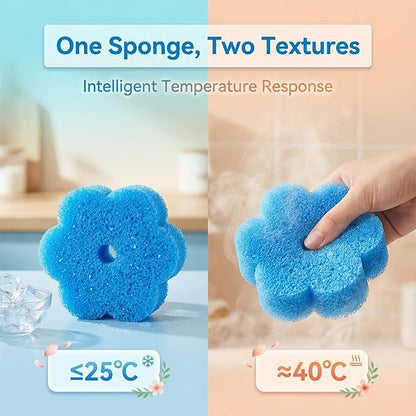 Scrub Flower Temperature Sensitive Sponges -Non-Scratch Scrubbers for Kitchen & Home - Firm in Cold & Soft in Warm Water - Odor Resistant Color-Coded Dish Sponges (Sapphire Hydrangea, 3 Count)