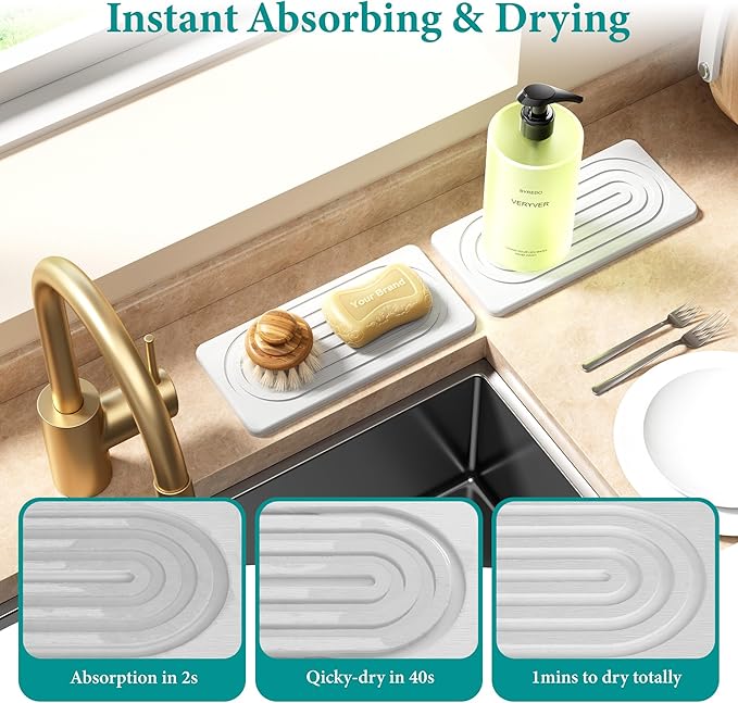 Water Absorbing Stone Tray, Quick Drying Diatomite Bathroom Tray Countertop, Stone Drying Mat for Kitchen Counter, Soap Dish Dispenser Vanity Organizer, White-B-8.3" x 4"