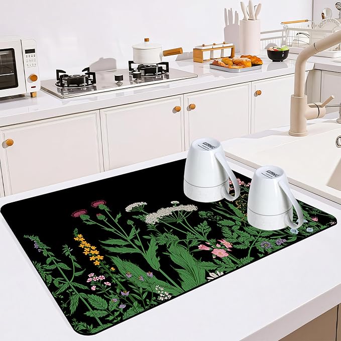 Dish Drying Mat for Multiple Usage. Super Absorbent, Easy clean, Quick dry, Cocina Accesorios for Kitchen Counter or Faucet Sink, Coffee bar, Refrigerator or Air fryer liners, 1 Pack Flower