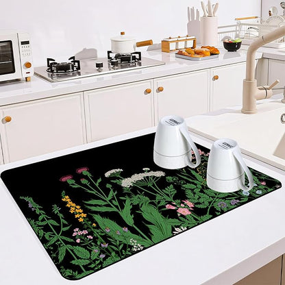 Dish Drying Mat for Multiple Usage. Super Absorbent, Easy clean, Quick dry, Cocina Accesorios for Kitchen Counter or Faucet Sink, Coffee bar, Refrigerator or Air fryer liners, 1 Pack Flower