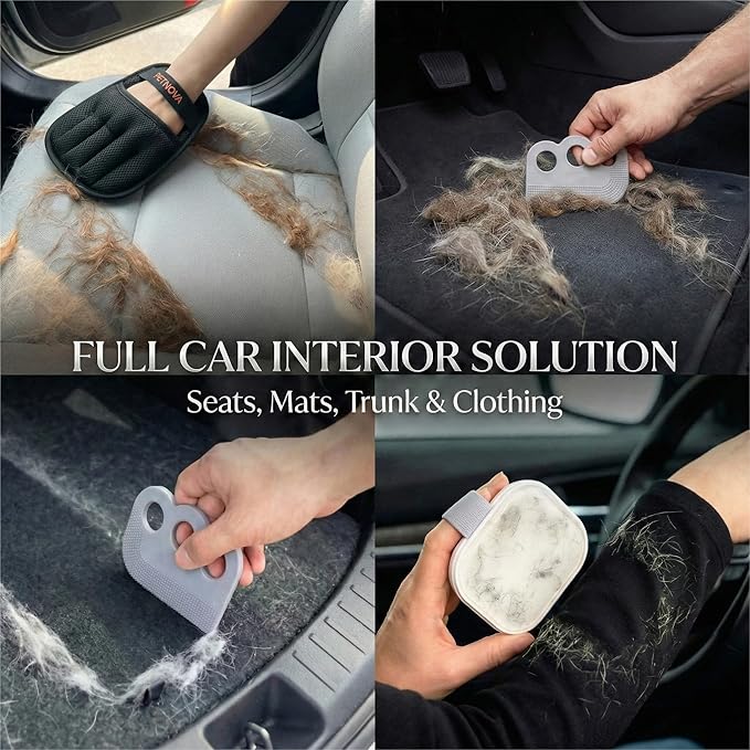 Pet Hair-Removal Glove for Car: Deep Embedded Hair Removal Kit for Car Seats Mats Trunk - Includes 2 Gloves Carpet Rake & Reusable Lint Roller