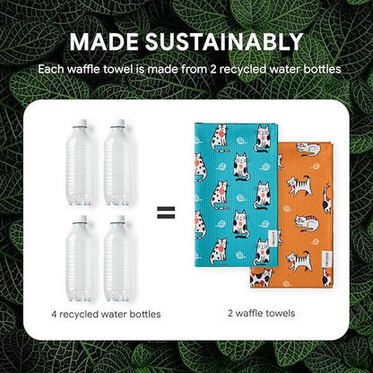 RECYCO Waffle Kitchen Towel Set of 2 - Quick Dry Microfiber Sustainable Dish Towels - Ultra Absorbent Reusable Cleaning Tea Towels - Lightweight Hand Towels,16”x 28”, Cuddly Cats