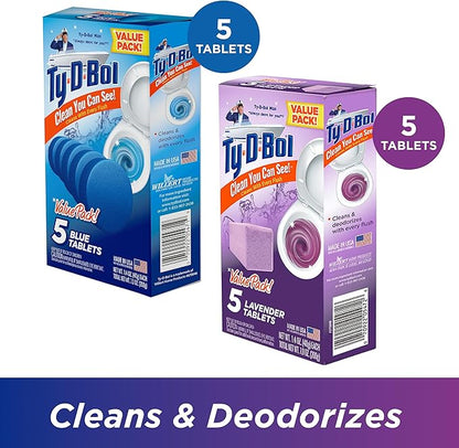 Ty-D-Bol Bleach-Free Toilet Bowl Cleaner Tablets Variety Pack - (10 Pack) 1.4 oz - 5 Lavender and 5 Blue Tablets - Fights Hard Water Stains, Mineral Buildup & Limescale - Bathroom Cleaning Supplies