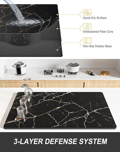 Rnivvi Dish Drying Mat for Kitchen Counter, XL 15 x 24" Cute Marble Absorbent Draining Pad, Non-Slip Heat Resistant Coffee Bar Mats for Coffee Machine Station Accessories, Black Gold Dish Rack Pad