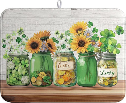 St Patricks Day Shamrock Dish Drying Mats St Patrick's Day Spring Dish Mat Sunflowers Drying Matt Dishes Dryer Pad for Kitchen Counter Absorbent Microfiber Washable Foldable Reusable 18x24 in