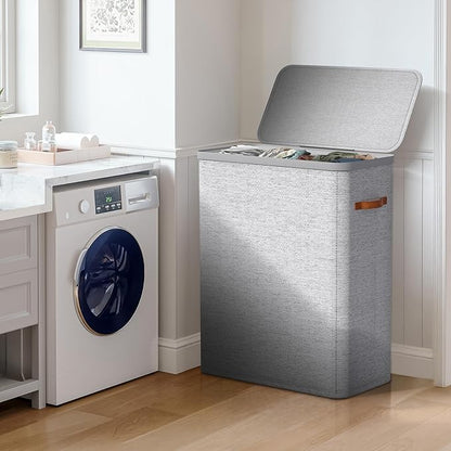 Sorbus Laundry Hamper with Lid - Collapsible 3-Compartment Fabric Laundry Basket with Handles and Removable Laundry Bag – 50 Gallon (190 L) Dirty Clothes Hamper for Bedroom, bathroom and dorm (Gray)