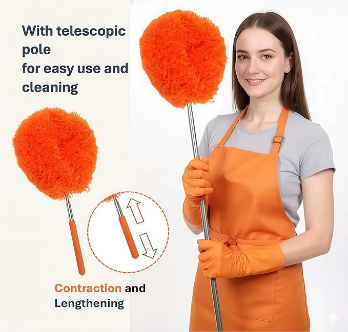 Fan Cleaner Duster (2-Pack) – Extendable Ceiling Fan Cleaner with Orange Microfiber Flexible Head, Long Handle Duster for Ceilings, Walls & Corners, No Ladder Needed