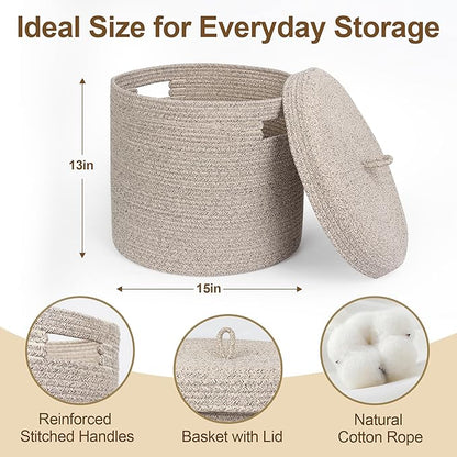 Storage Basket with Lid, Woven Blanket Storage for Living Room, Soft Cotton Rope Bin with Lid, Round Wicker Laundry Basket with Cover, Lidded Kids Dog Toy Bin, Nursery Organizer, 15" x 13"